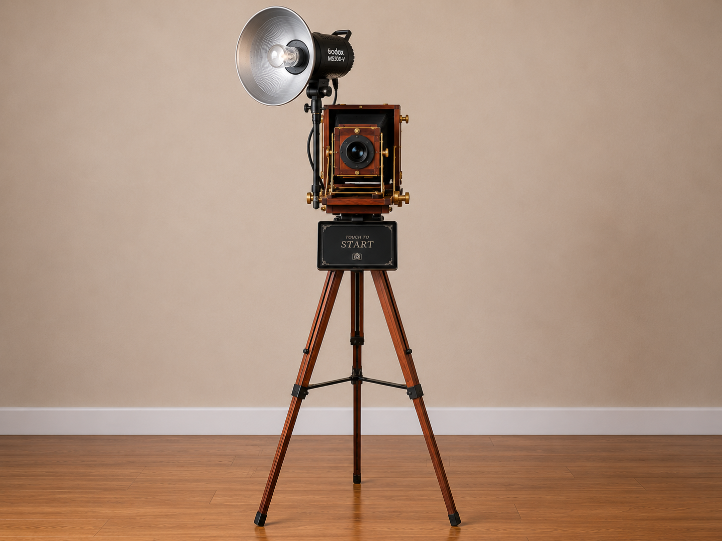 Front view of the vintage camera booth with flash, Start touchscreen and full wooden tripod