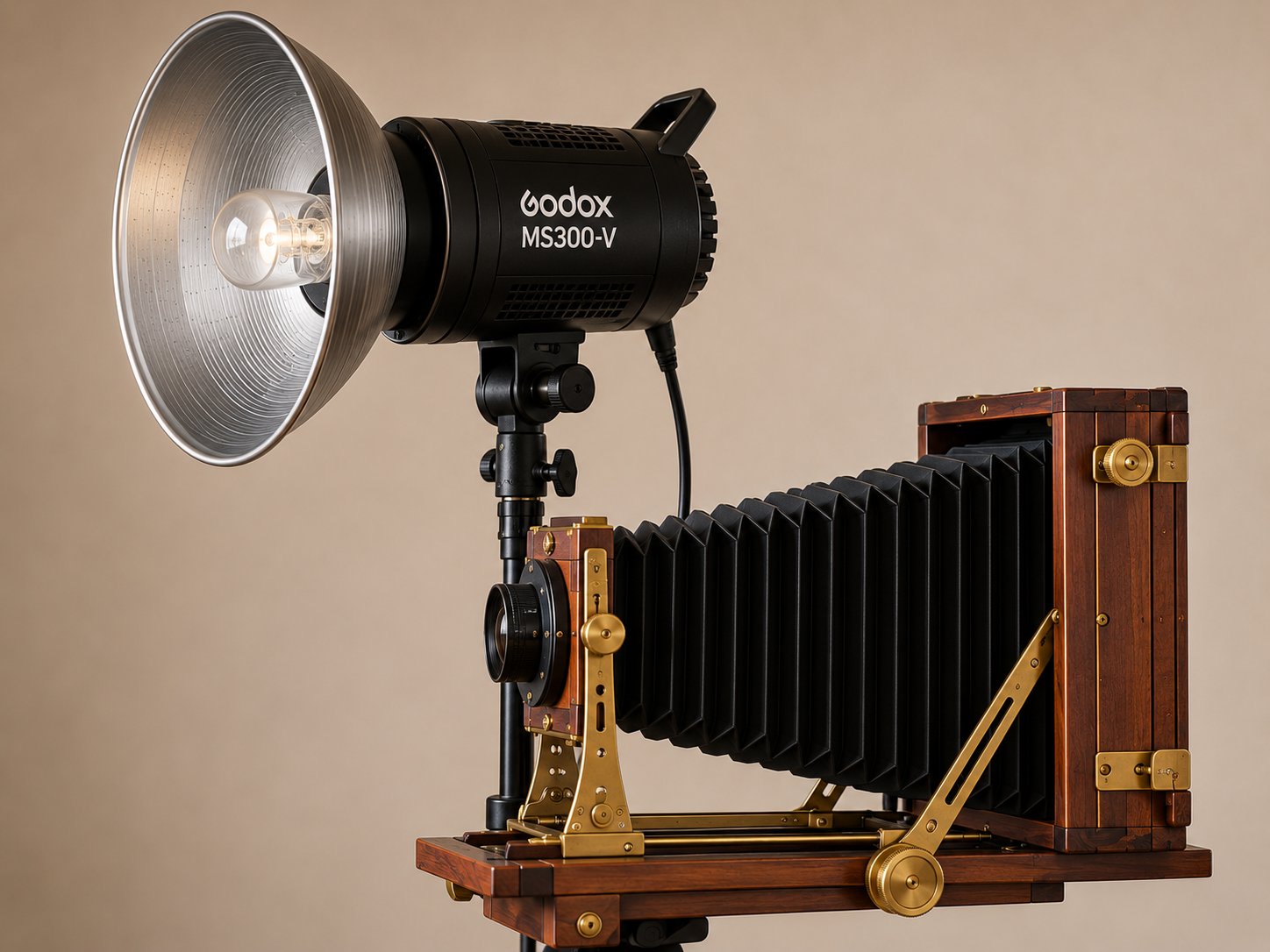 Side detail of the silver reflector flash and vintage camera bellows
