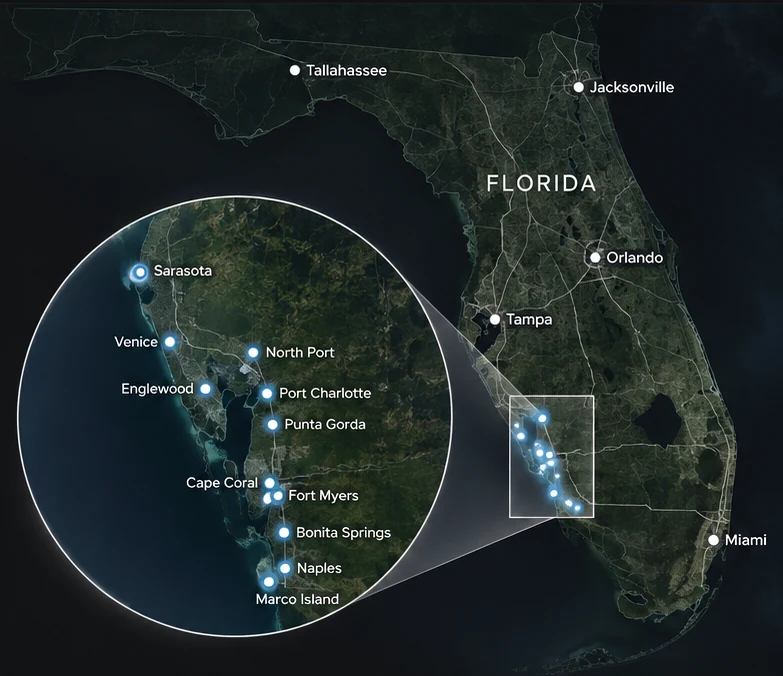 Satellite-style map of Florida showing the primary Southwest Florida service area and commonly served cities from Sarasota through Naples
