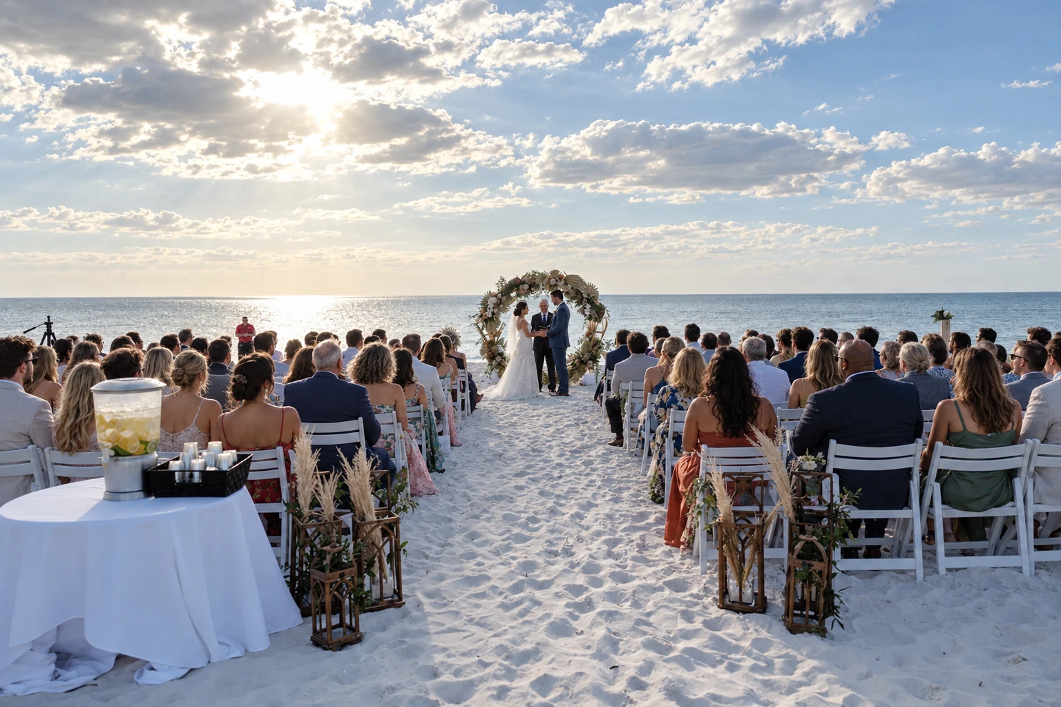 Beach ceremony inspiration with a bride and groom beneath a circular floral arch, guests in white chairs, and a softly clouded sky over the Gulf.