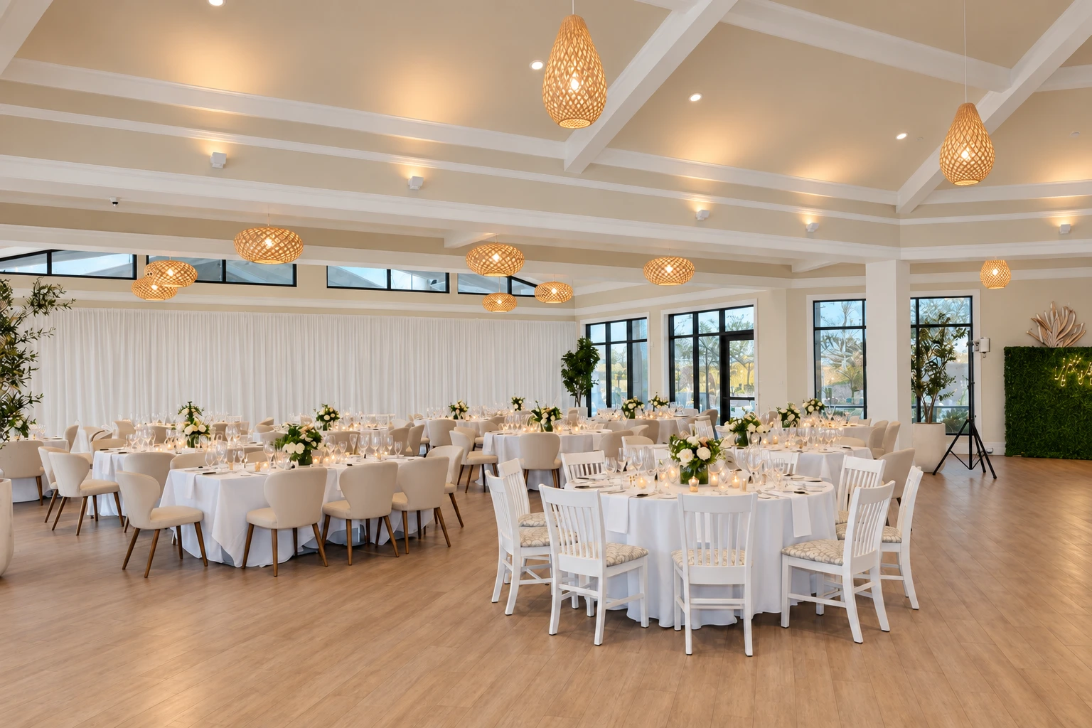The same reception room in daylight without colored uplighting.